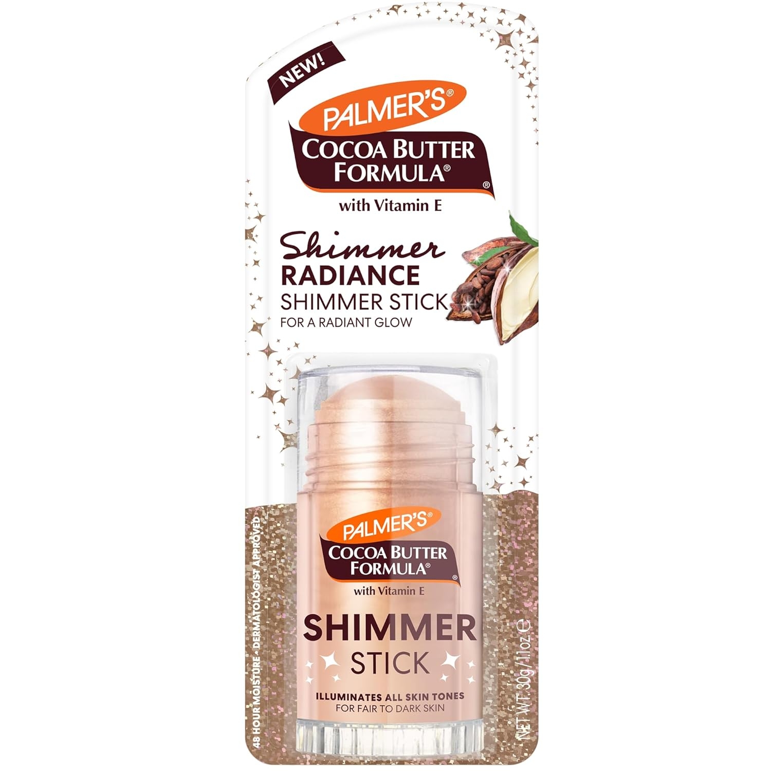6a070159688a7bc90c5d5e7f2da3d38d2c8760493f0e3a90ff73e.jpg Palmer's Cocoa Butter Formula Body Shimmer Stick with Vitamin E, 1 Oz, Radiant Highlighter Makeup for Body Glow, Provides 48-Hour Moisture, All Skin Tones & Types, Dermatologist Approved - Image 1