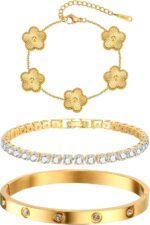 Womens Stackable Floral Gold Bracelets - 3Pcs 18K Gold Plated Bracelet,Stainless Steel Bangle Bracelets Non Tarnish, Gold Bracelet Set Trendy Jewelry,Christmas Valentines Birthday Gifts for Girlfriend