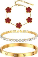 Womens Stackable Floral Gold Bracelets - 3Pcs 18K Gold Plated Bracelet,Stainless Steel Bangle Bracelets Non Tarnish, Gold Bracelet Set Trendy Jewelry,Christmas Valentines Birthday Gifts for Girlfriend - Image 2