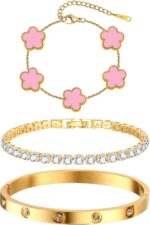 Womens Stackable Floral Gold Bracelets - 3Pcs 18K Gold Plated Bracelet,Stainless Steel Bangle Bracelets Non Tarnish, Gold Bracelet Set Trendy Jewelry,Christmas Valentines Birthday Gifts for Girlfriend - Image 3