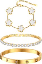 Womens Stackable Floral Gold Bracelets - 3Pcs 18K Gold Plated Bracelet,Stainless Steel Bangle Bracelets Non Tarnish, Gold Bracelet Set Trendy Jewelry,Christmas Valentines Birthday Gifts for Girlfriend - Image 4