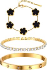 Womens Stackable Floral Gold Bracelets - 3Pcs 18K Gold Plated Bracelet,Stainless Steel Bangle Bracelets Non Tarnish, Gold Bracelet Set Trendy Jewelry,Christmas Valentines Birthday Gifts for Girlfriend - Image 6